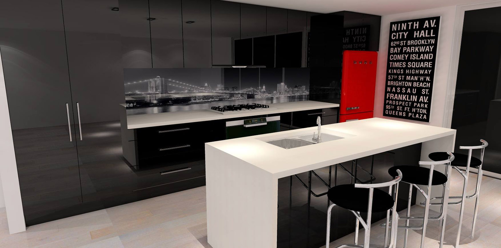 black kitchen and white island render KD Max render