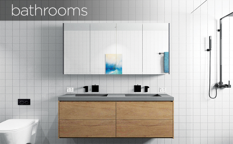 white bathroom with mirror and glass shower render KD Max