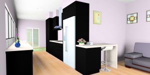 purple walls, black cabinets and light wood floor render KD Max