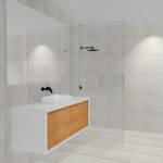 white tile bathroom render with medium wood KD Max