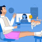 man sitting at computer with blue background at laptop with cat vector