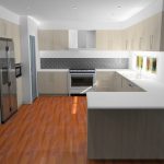 meduime wood floor, light wood cabinets KD Max render