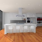 white kitchen, wood floor, KD Max render
