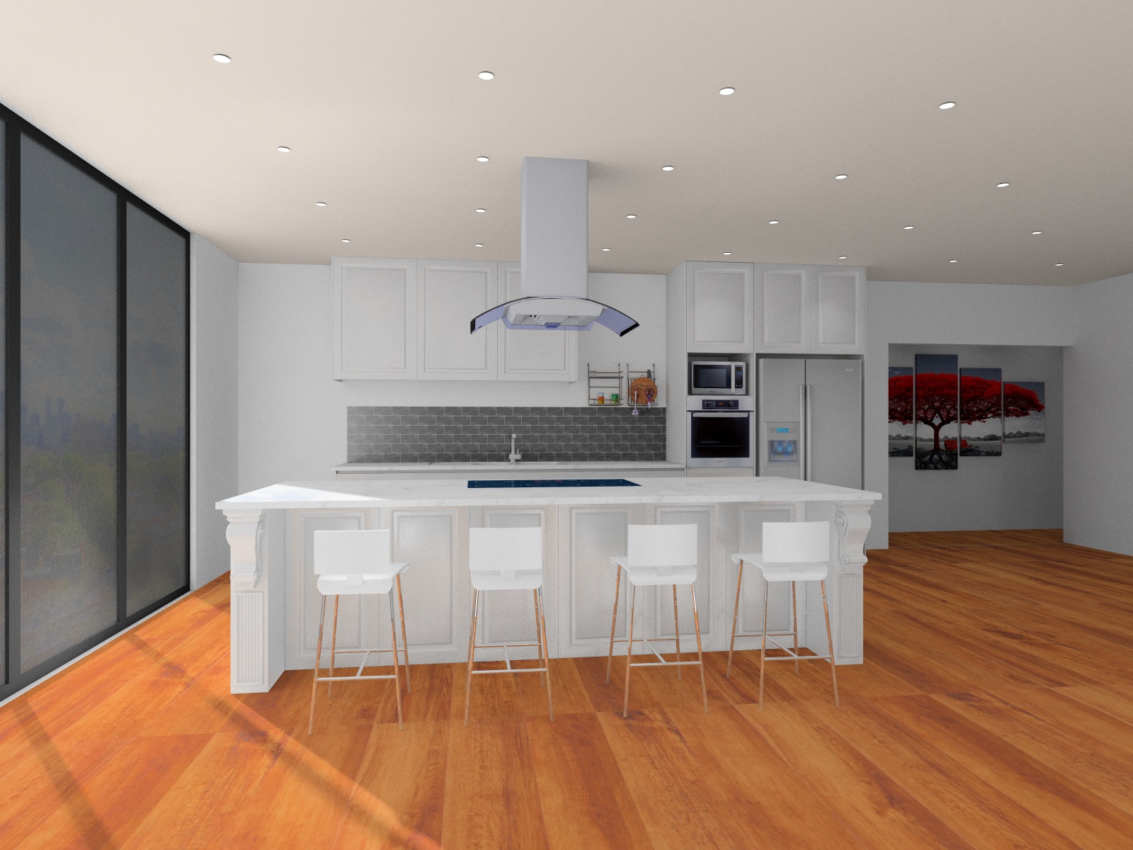 white kitchen, wood floor, KD Max render