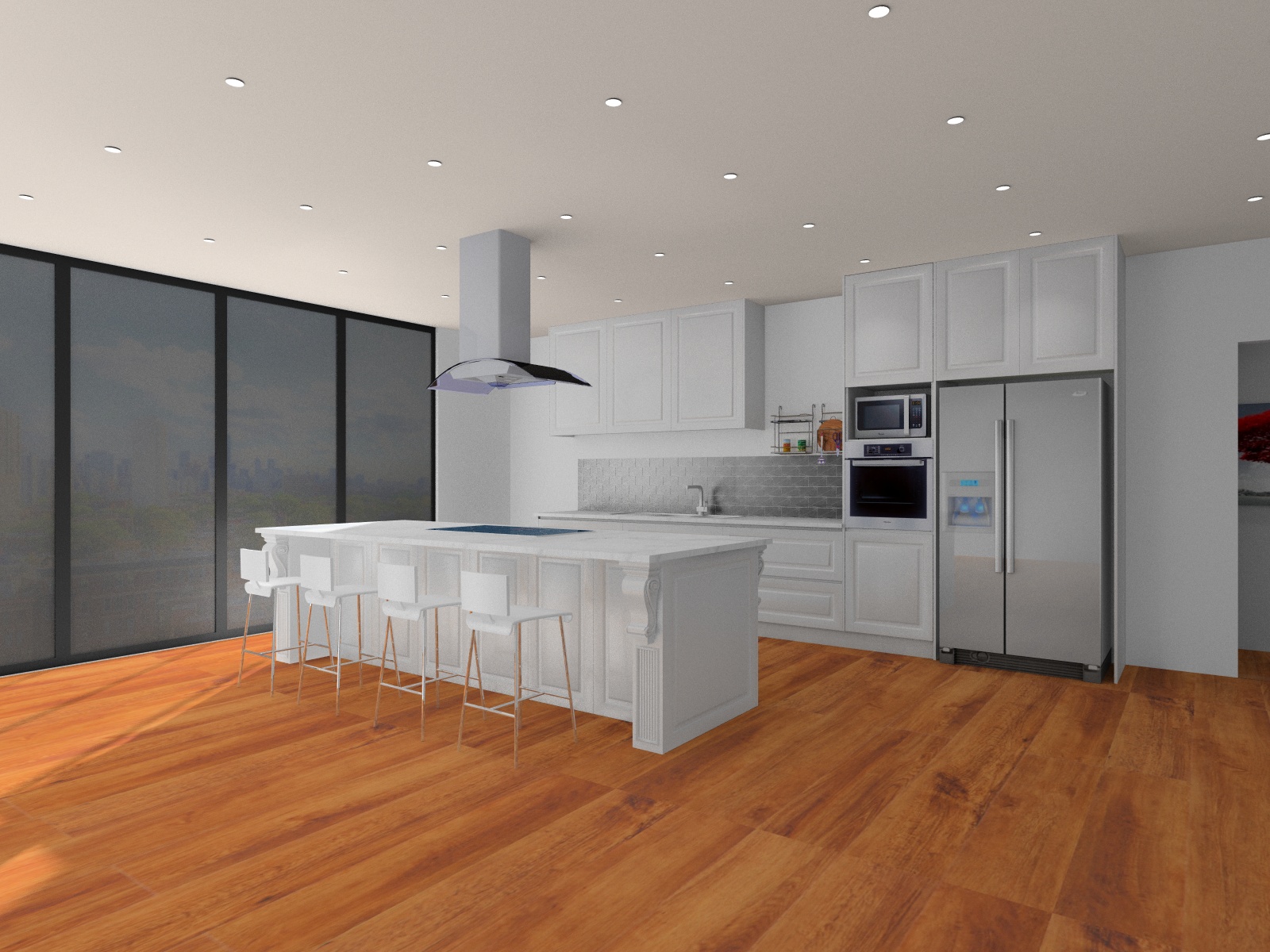 white kitchen, wood floor, KD Max render