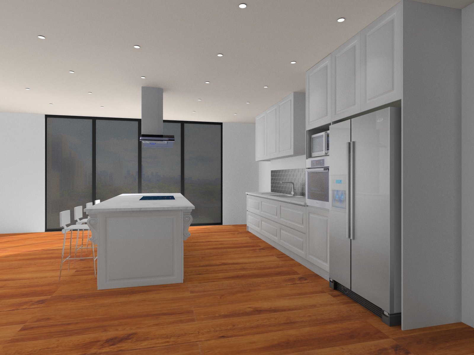 white kitchen, wood floor, KD Max render