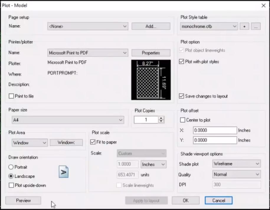 KD Max printing plans and elevations settings screenshot