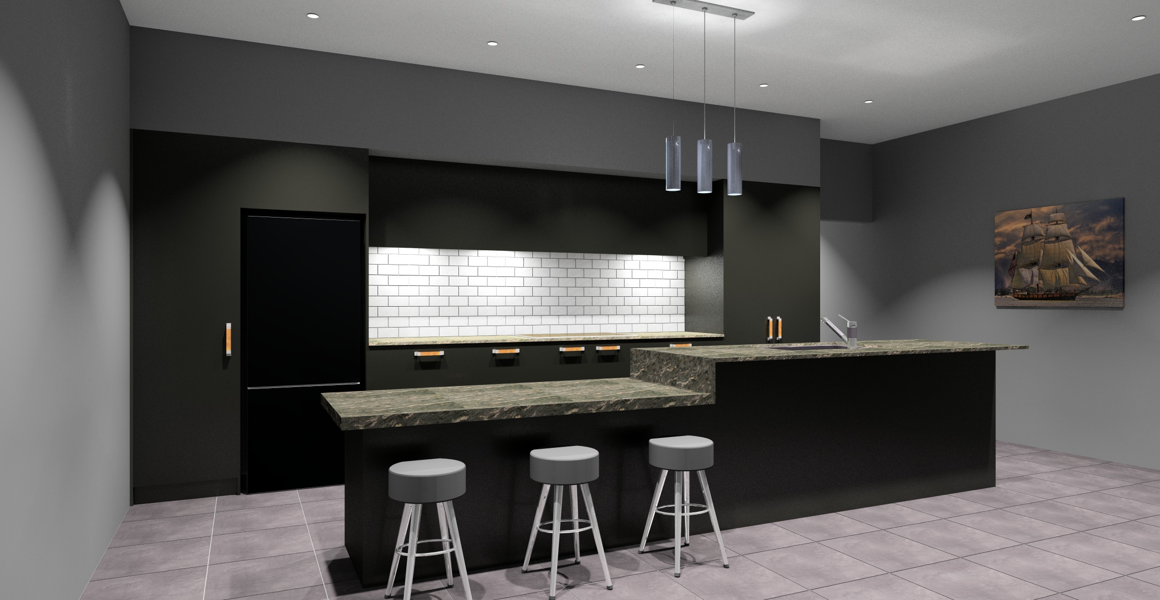 black cabinets and island in kitchen KD Max render