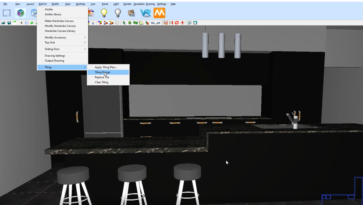 KD Max interface screenshot, black kitchen, and island counter